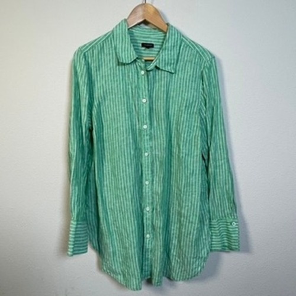 Talbots Linen Striped Button Down Shirt Womens Large Green White Coastal Casual